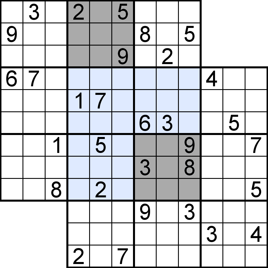 Exemple de régions (ou blocs 3x3) dans un Sudoku double