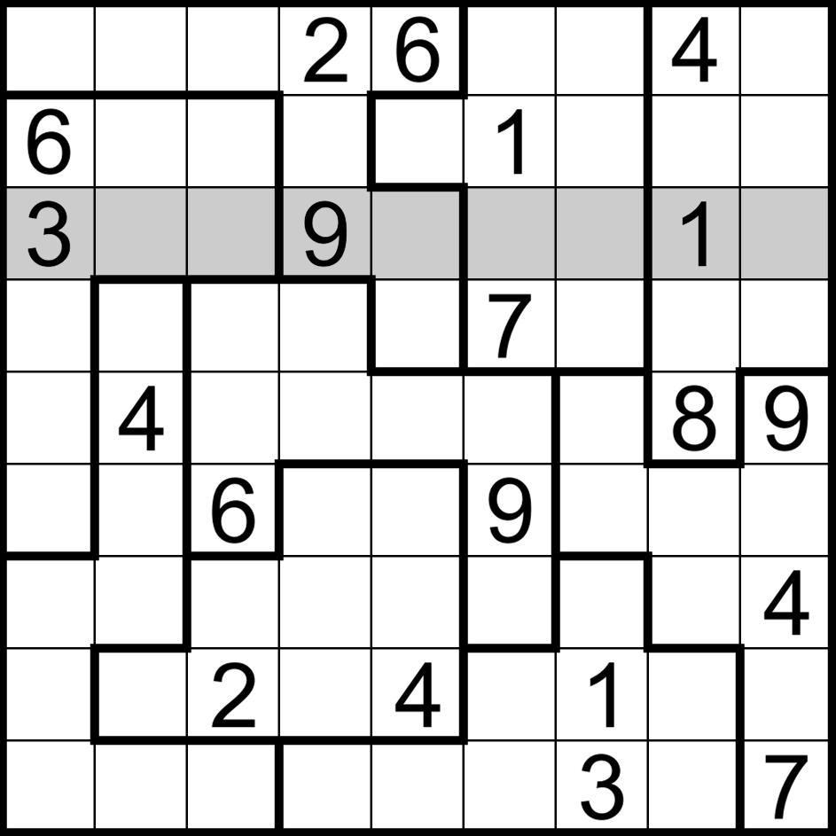 Exemple d'une ligne dans un Sudoku irrégulier (Jigsaw)