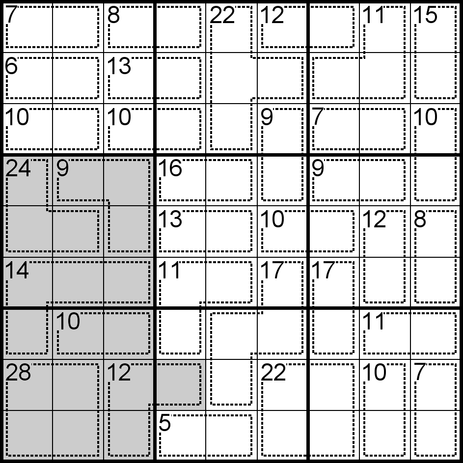 Exemple C pour illustrer la technique des multiples 45 dans un Sudoku Killer