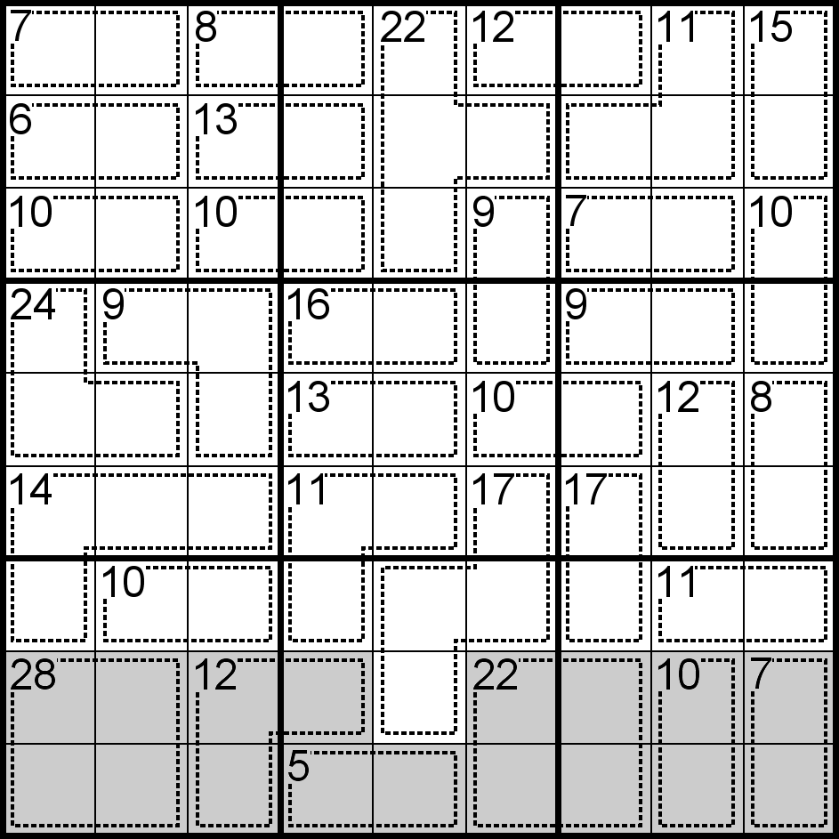 Exemple D pour illustrer la technique des multiples 45 dans un Sudoku Killer