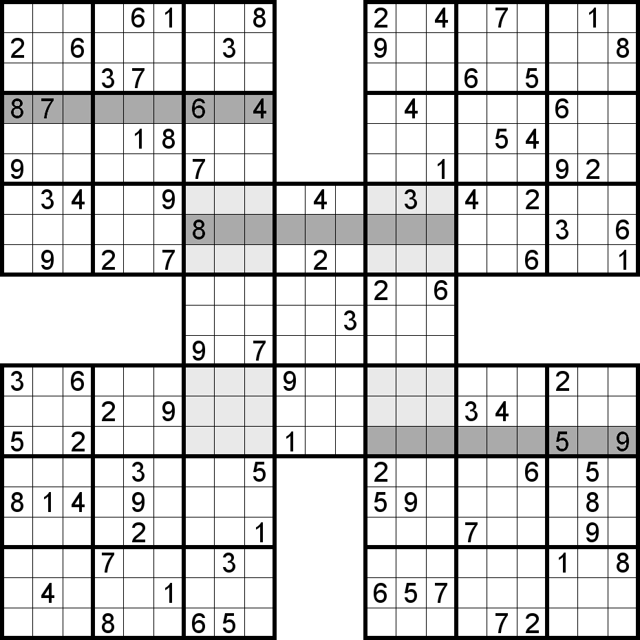 Exemple de lignes dans un Sudoku Samouraï