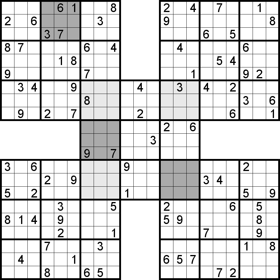 Exemple de régions (ou blocs 3x3) dans un Sudoku Samouraï